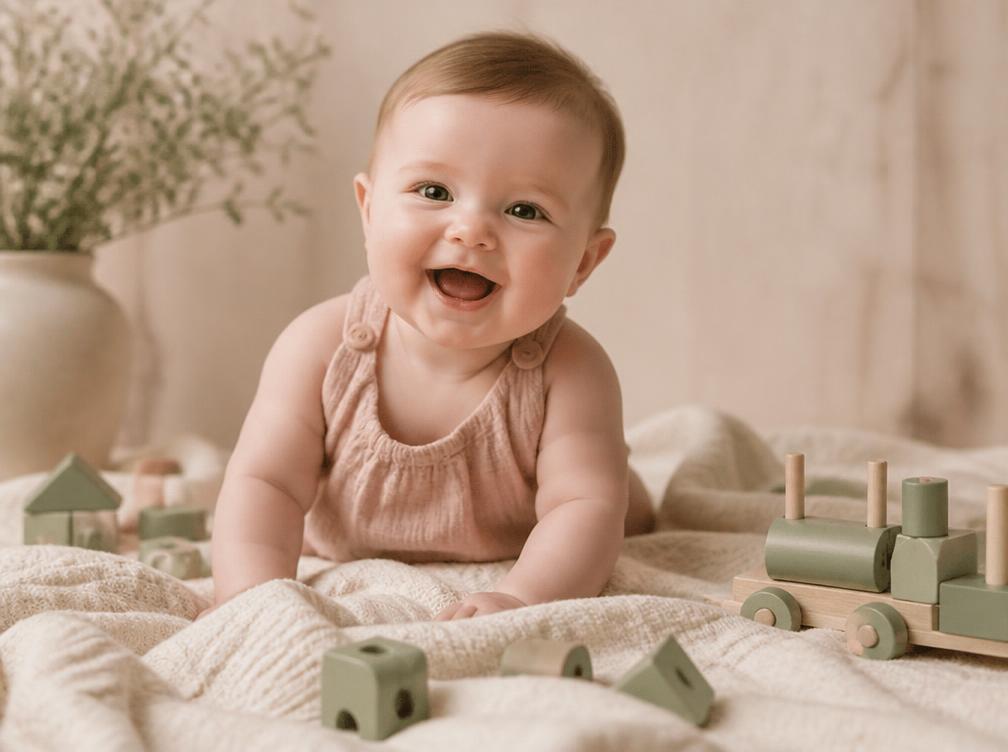 Bébé de quelques mois allongé sur un tapis d'éveil clair