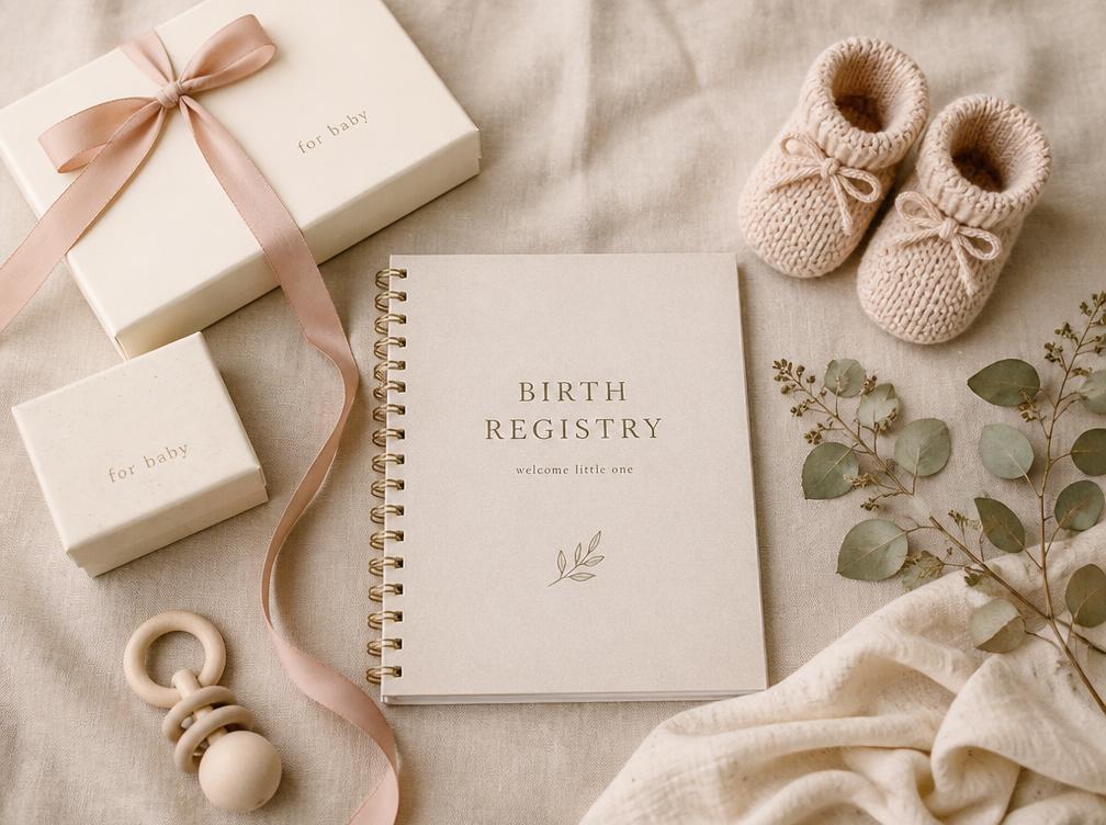 Carnet de liste de naissance, chaussons tricotés et ruban blush
