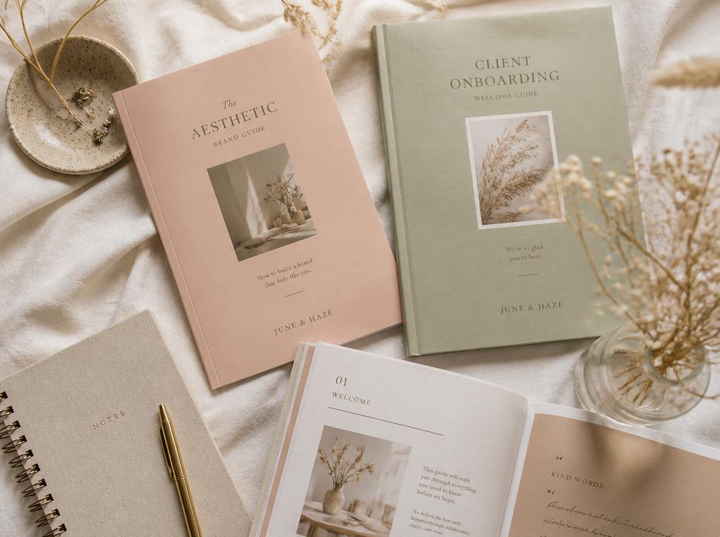 Guides et carnets aux couleurs douces posés sur du lin